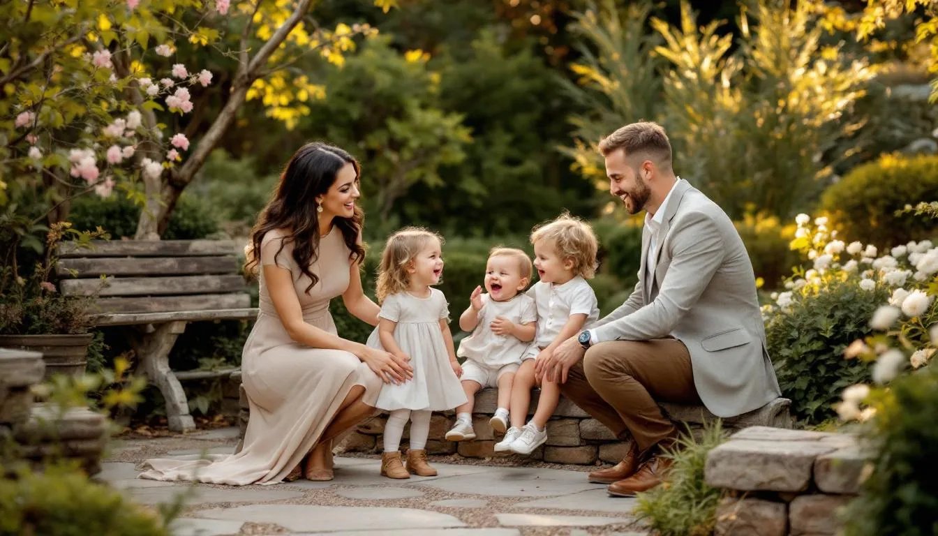 A family enjoying a professional photoshoot in a beautiful outdoor setting.