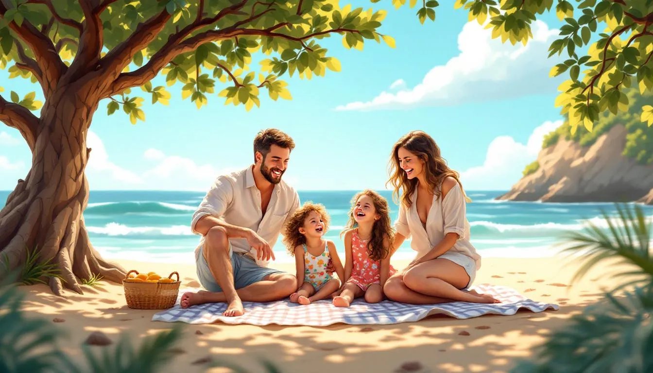 A family enjoying a summer photoshoot at the beach, showcasing their outfit choices.