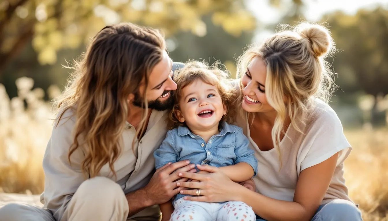A smiling man and woman sit closely with a cheerful young child outdoors. The adults, both with light hair, look lovingly at the child, who wears a denim shirt. Golden sunlight and soft-focus trees create a warm, happy atmosphere.