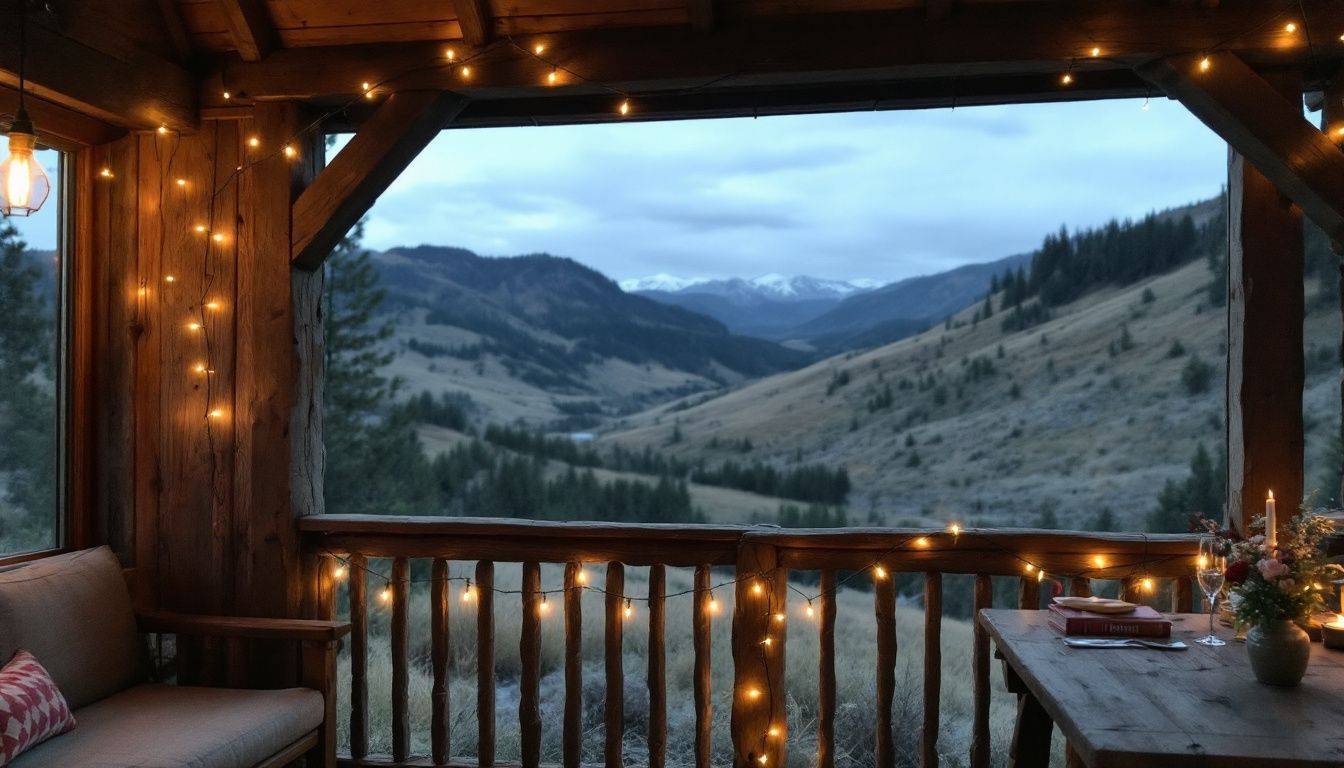 A cozy wedding venue in Colorado mountains with rustic wooden decor and panoramic views.