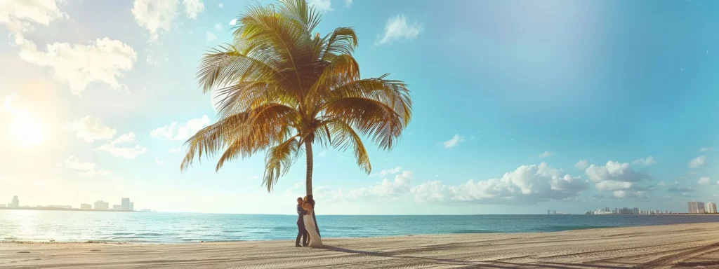 a bride and groom sharing a candid moment under a palm tree on a miami beach, captured by a skilled wedding photographer.