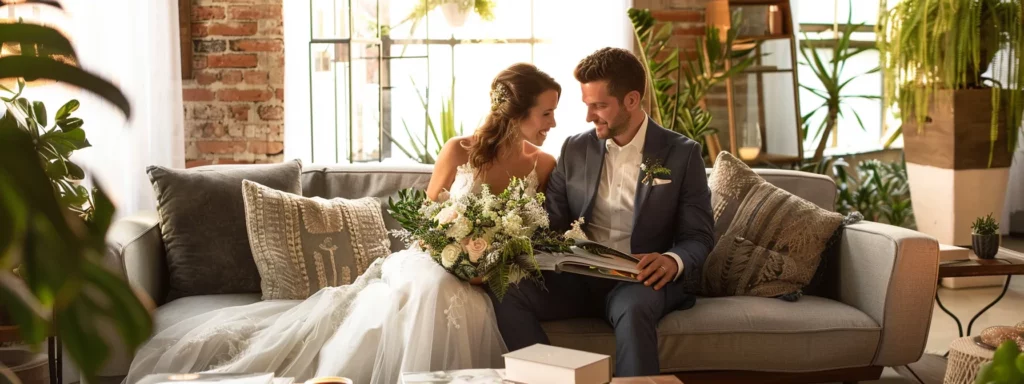 a bride and groom sitting with a wedding photographer surrounded by sample wedding albums and price lists in a cozy miami studio.
