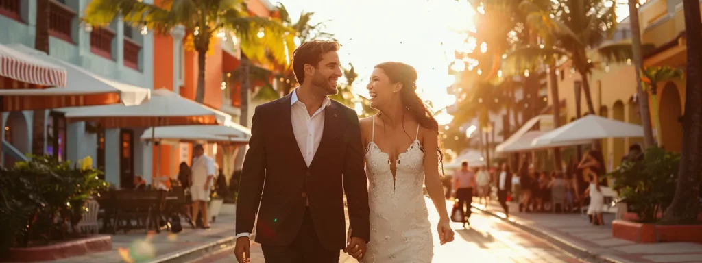 a couple sharing a spontaneous laugh while walking along the vibrant streets of miami, capturing the authentic emotions of their wedding day.
