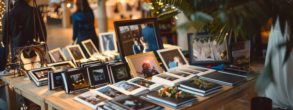 a photographer showcasing a range of wedding photo packages, from basic to premium, with various albums and drone equipment on display.