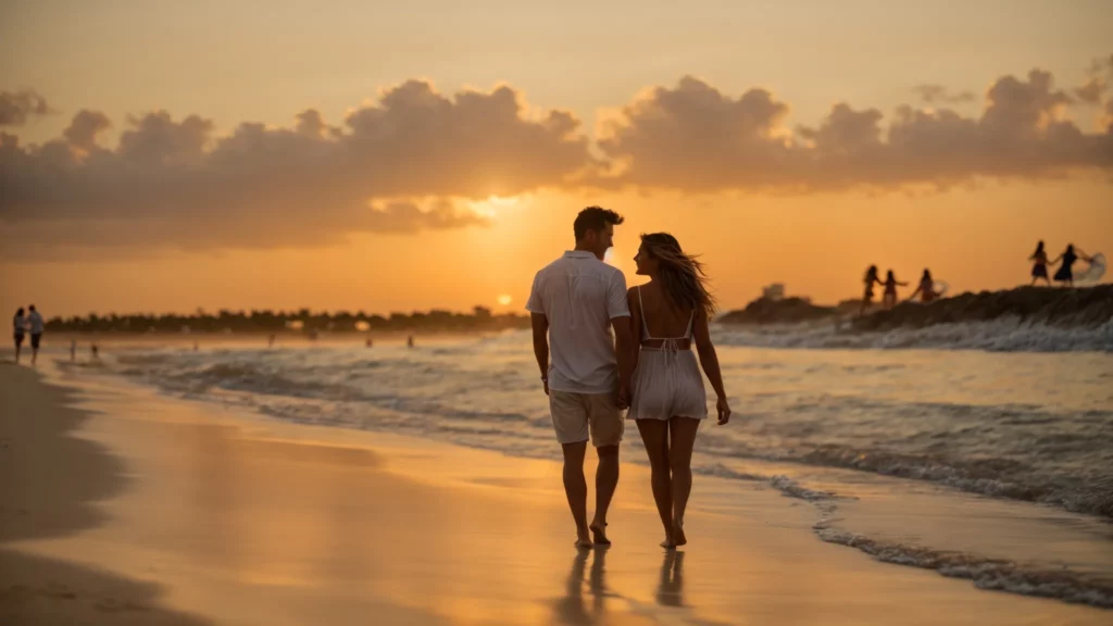 a happy couple walking barefoot on a sandy beach in miami, with the sun setting behind them, embracing each other with genuine smiles, capturing a moment of pure joy and love.