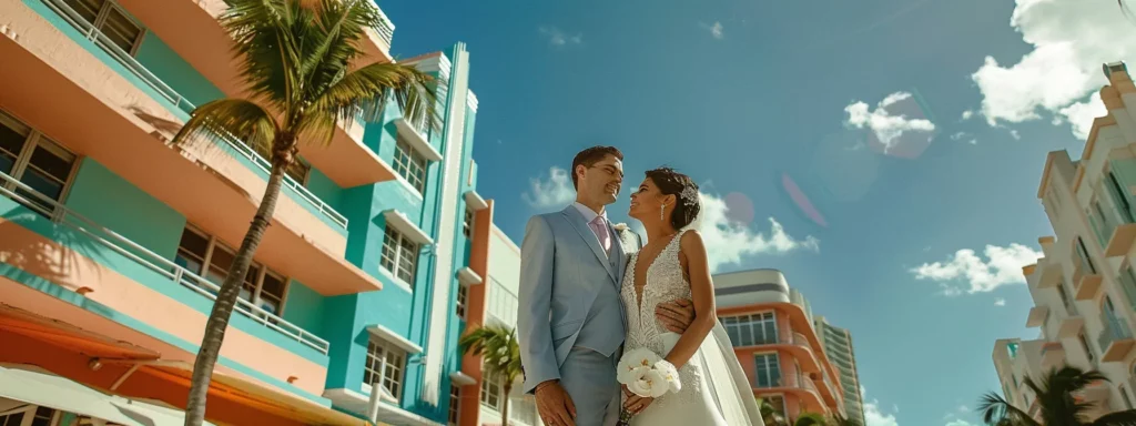 a bride and groom posing in front of vibrant art deco buildings with a picturesque miami beach backdrop.