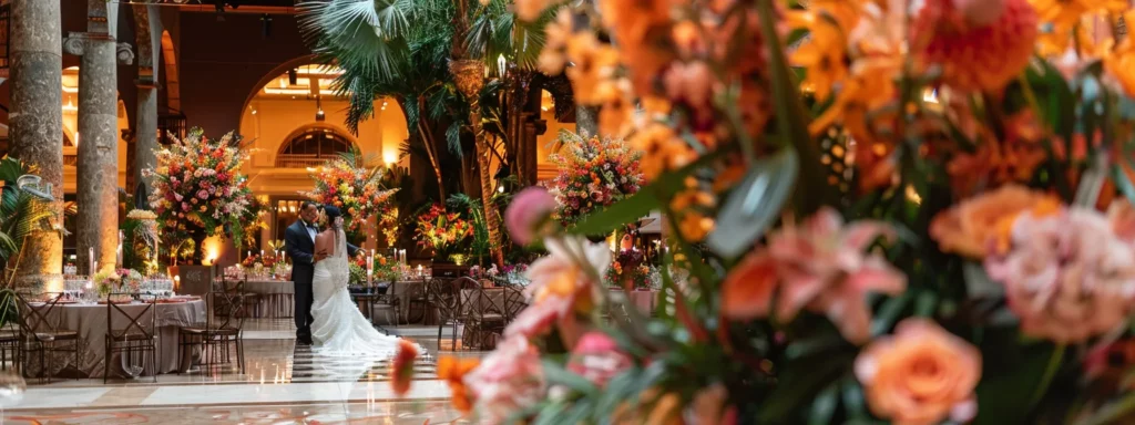 a bride and groom at a luxurious miami wedding venue, surrounded by vibrant floral arrangements and elegant decor, discussing wedding photography pricing with a professional photographer.