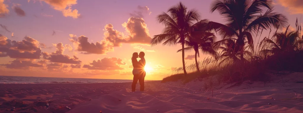a couple kissing under a vibrant sunset on a sandy miami beach, with palm trees swaying in the background.