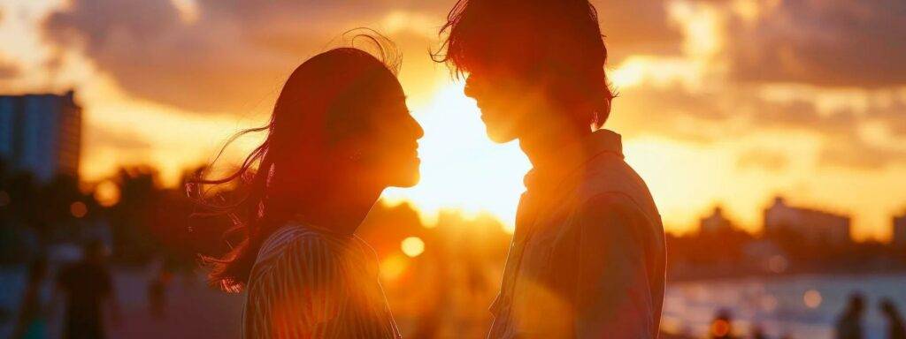 Scenic Miami Pre-Wedding Photo Shoot Ideas for Couples 5 a radiant miami sunset bathes a stylish couple in golden light as they pose playfully against a vibrant beach backdrop, capturing the essence of love and joy in their pre-wedding photo shoot.