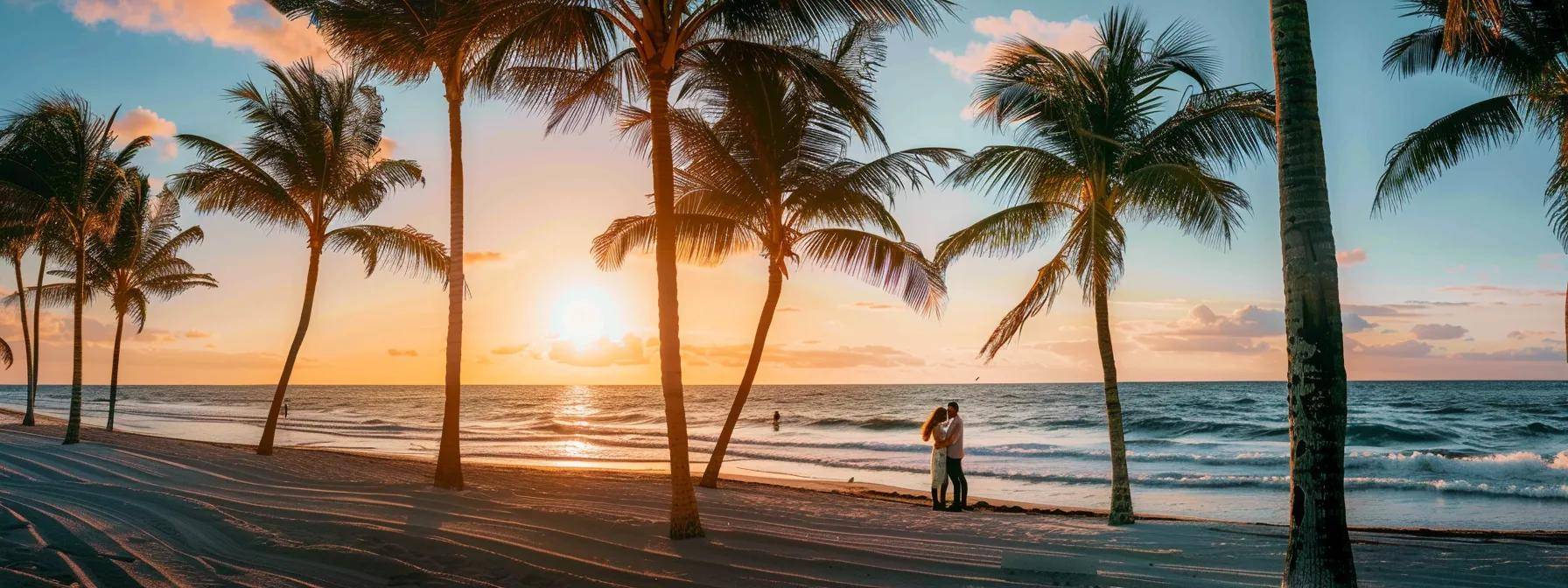 a romantic miami pre-wedding photo shoot captures a stunning couple against a vibrant sunset backdrop, with palm trees swaying and soft waves lapping at the shore, bathed in golden hour light.