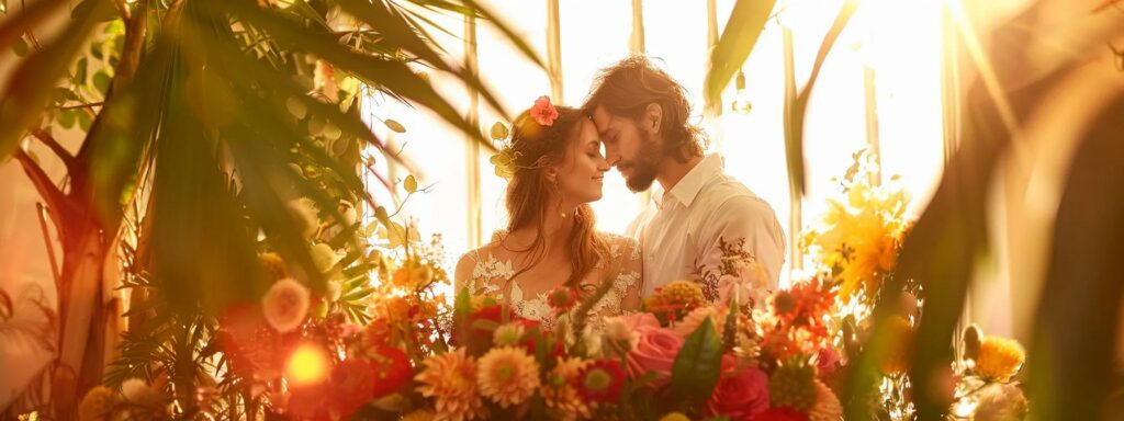 Scenic Miami Pre-Wedding Photo Shoot Ideas for Couples 7 a vibrant miami pre-wedding scene featuring a couple surrounded by seasonal floral arrangements and playful props, capturing a joyful and intimate atmosphere under soft golden lighting during sunset.