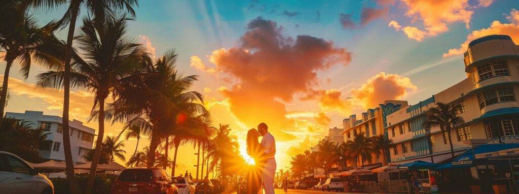 Scenic Miami Pre-Wedding Photo Shoot Ideas for Couples 11 a breathtaking sunset casts a warm glow over a vibrant couple embracing at miami's iconic ocean drive, surrounded by art deco architecture and palm trees, capturing the essence of love and celebration.