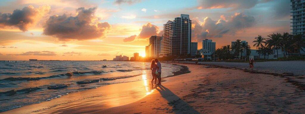 Scenic Miami Pre-Wedding Photo Shoot Ideas for Couples 9 a breathtaking sunset illuminates a couple joyfully embracing on a picturesque miami beach, capturing the essence of love and celebration in vibrant hues of orange and gold.