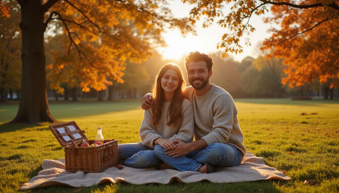 A young couple relaxes on a blanket in a park, surrounded by autumn foliage and a picnic basket.